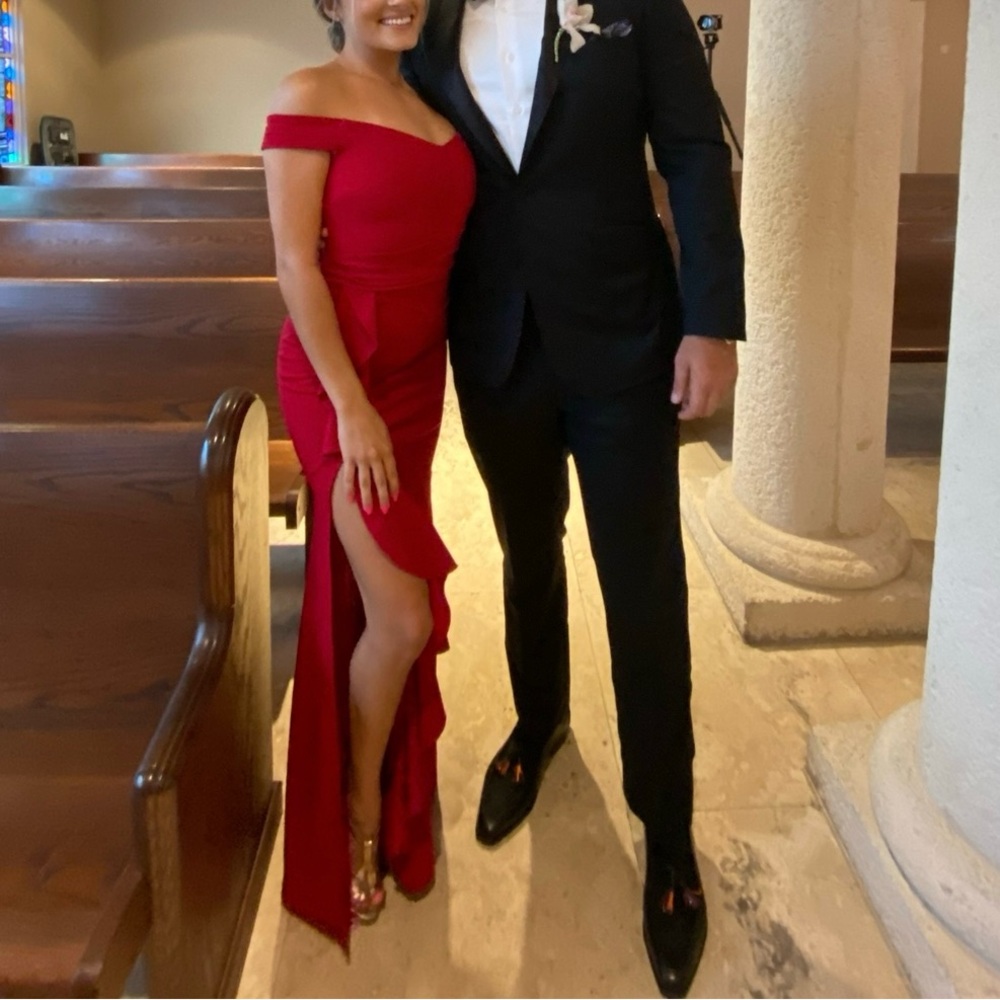 Off shoulder red gown